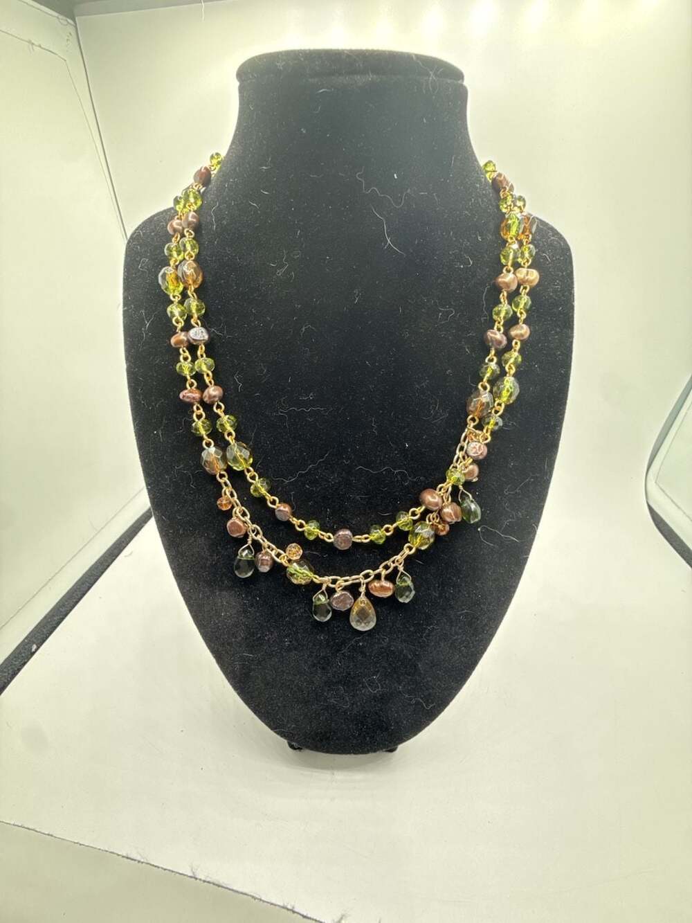 Vintage  Gold-Tone Necklace with Green and Brown Faceted Glass Bead Drops